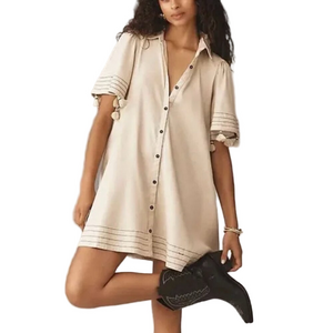 NEW ANTHROPOLOGIE Maeve Collared Linen Blend Button-Front Tassel Mini Dress Med
